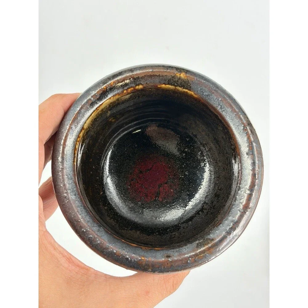 Studio Art Pottery Faceted Chawan Matcha Bowl Metallic Glaze Bumblebee Signed